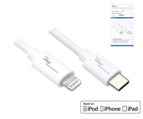 USB C to Lightning cable, MFi certified, sync and fast charging cable, white, DINIC box with Euro hole, 1m
